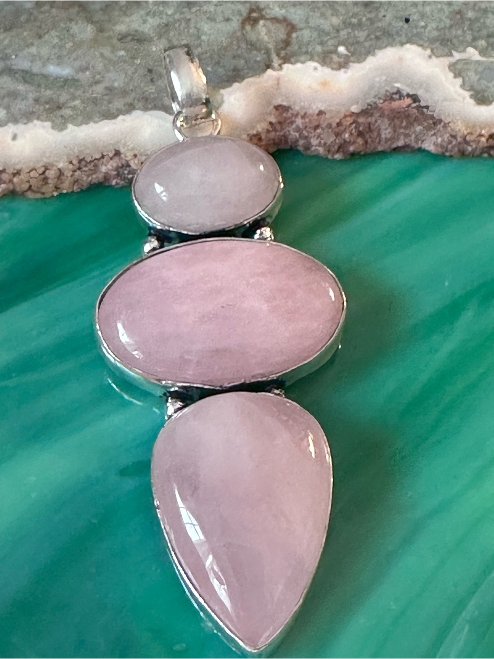 Artisan Pendant with Soft Pink Rose Quartz Triple Stones “Love Stone”
